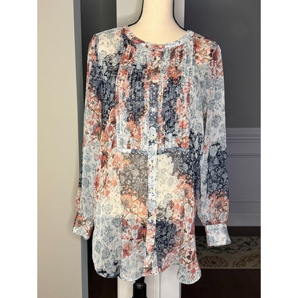 LOFT Long Sleeve Button  Front Multicolor Sheer Blouse w/Pintuck Detailing Sz L